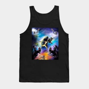 Cats Riding Shark Dinosaur, Cat Kraken, Beach Space Tank Top